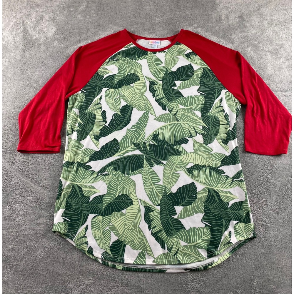 LuLaRoe Randy Baseball Tee 2XL‎ Tropical Green Banana Leaf Red Raglan 3/4 Sleeve